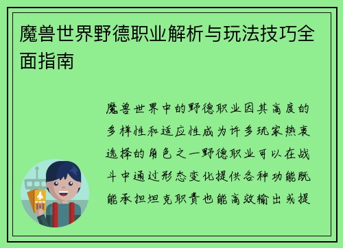魔兽世界野德职业解析与玩法技巧全面指南
