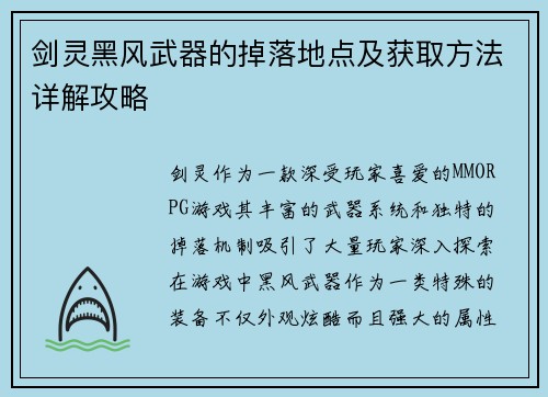 剑灵黑风武器的掉落地点及获取方法详解攻略