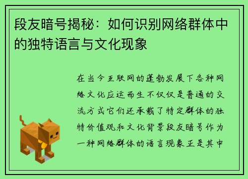 段友暗号揭秘：如何识别网络群体中的独特语言与文化现象